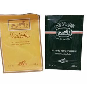 2 HERMES Travel Packets CALECHE Perfumed Body Lotion AND Eau de Cologne Pochette